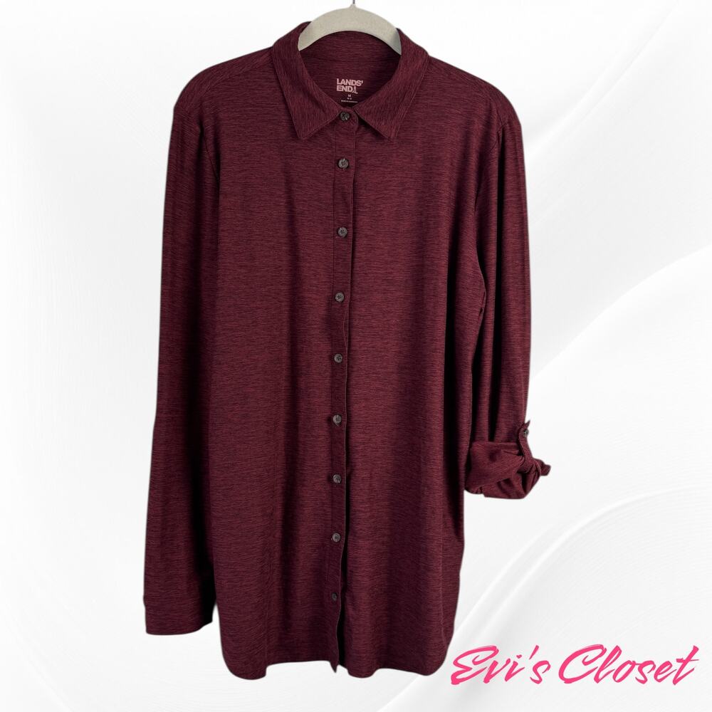 Lands End Women's Burgundy Roll up Sleeve Button Up Shirt Sz M  10-12 Pleated